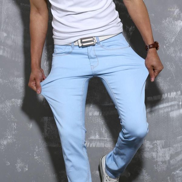 

new candy colors skinny denim pants for men elastic stretch five pockets classic fashion slim fit jeans trousers1, Blue