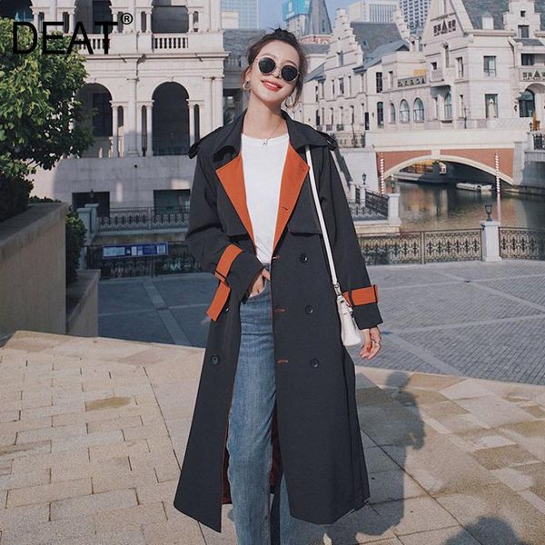 

women's trench coats [deat] hit color coat women thin wild notched loose casual double button split slim 2021 autumn fashion tu182, Tan;black
