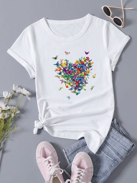

butterfly print crew neck tee z2hh#, White