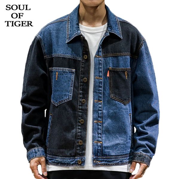 

soul of tiger spring korean fashion streetwear men vintage denim jackets male oversized patchwork coat safari style clothes 201116, Black;brown