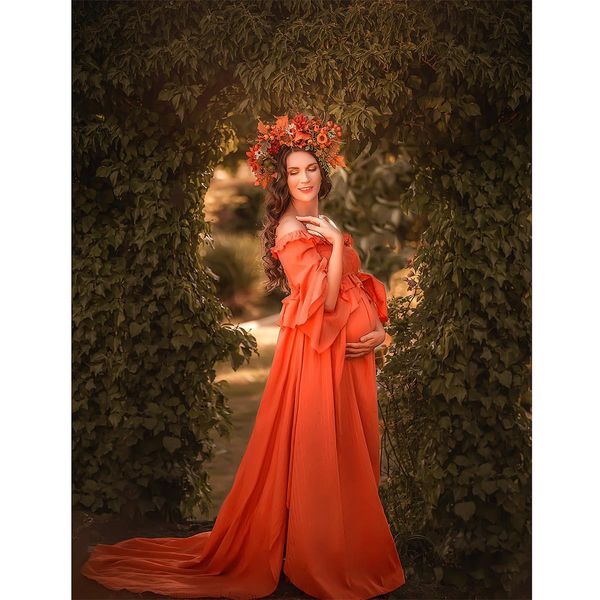 

off the shoulder evening dresses ruffles long sleeve pregnant women maternity gowns for p shoot sweep train prom party dress, Black