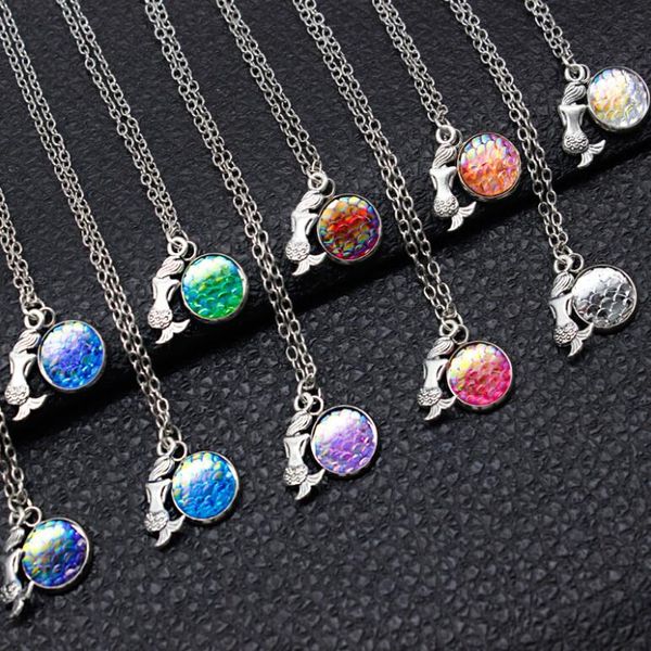 

new fashion multicolor creative alloy resin mermaid fish scales convex surface pendant necklace jewelry lovely gifts, Silver
