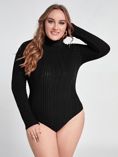 

plus high neck slim fit ribbed knit bodysuit a4gb#, Black