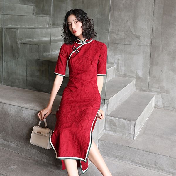 

autumn and winter dress cheongsamnew daily improved medium sleeve cheongsam chinese style slim girl wine red long cheongsam dress m9bdo, Black;gray