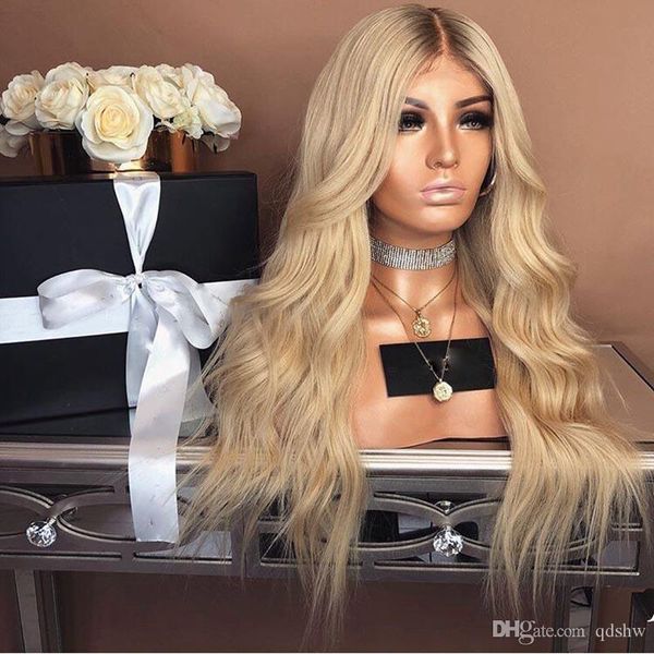 

synthetic long blonde wig for women glueless ombre blonde color dark root synthetic none lace front wigs, Black