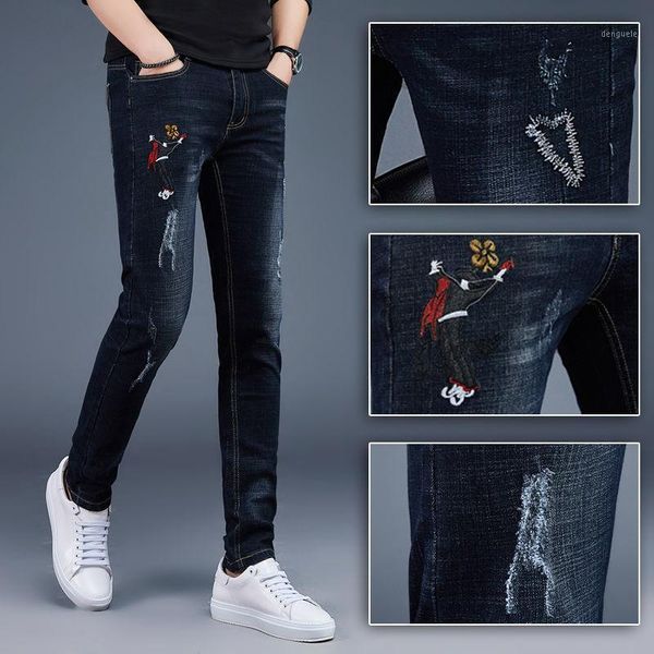 

european and american men's casual pants personality youth slim men's trousers foot pants autumn and winter popular ripped jeans1, Blue