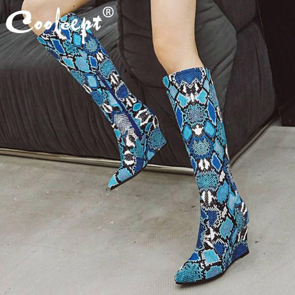 

coolcept snakeskin pattern women winter knee high boots wedges zipper woman warm shoes footwear size 34-43, Black