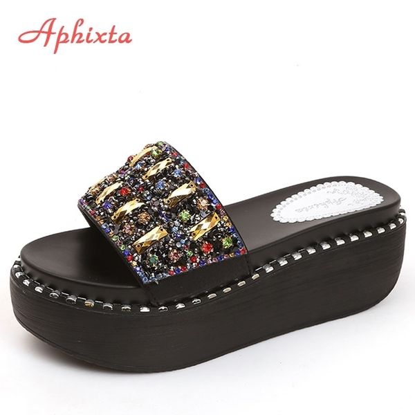 

aphixta platform rhinestone sandals slippers women gemstone slides women shoes wedge slippers string bead beach slides shoes y200624, Black