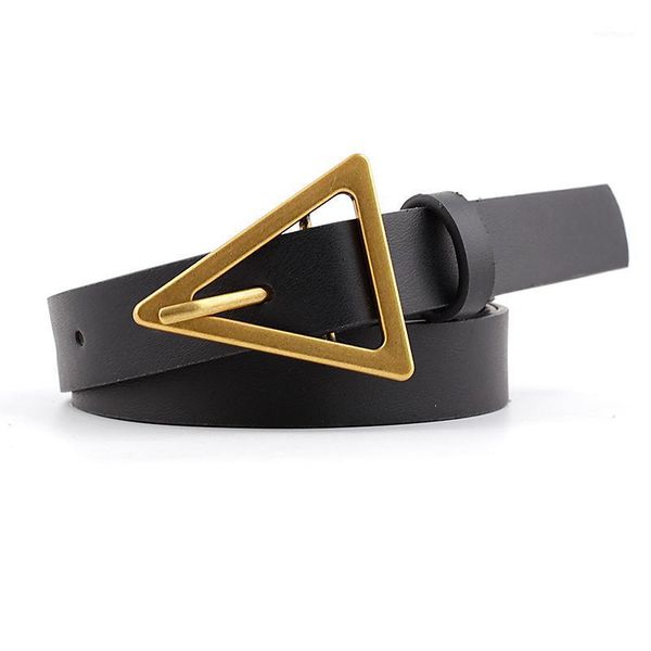 

black women leather thin belt metal triangle gold pin buckle waist belts female designer ladies dress waistband1, Black;brown