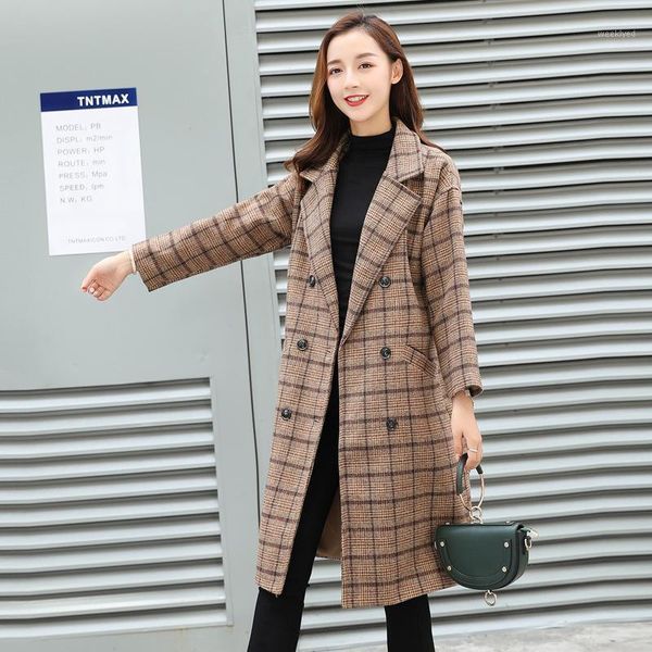 

casual plaid women blends coat 2020 new autumn winter coat double breasted mid-long overcoat female1, Black