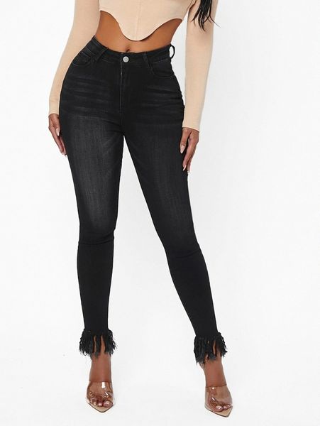 

sxy distressed hem skinny jeans v28k#, Blue