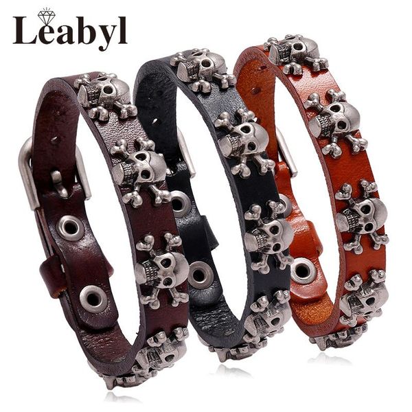 

leabyl classic punk series skeleton rivet vintage men bracelet 3 color cow leather strap buckle bracelet adjustable jewelry, Golden;silver
