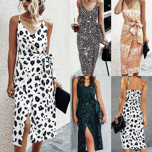 

selling dress summer 2021 new style womens mid length europe and america camisole printed slit womens braces skirt camisol, Black;gray