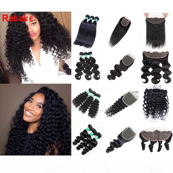 

3 bundles with frontal closure rabake brazilian virgin human hair bundles with closure deep wave body wave curly weave hair extensions, Black;brown