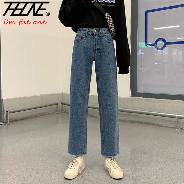 

women's jeans mom pants fashion high waist denim classic korean loose wide leg casual trousers female, Blue