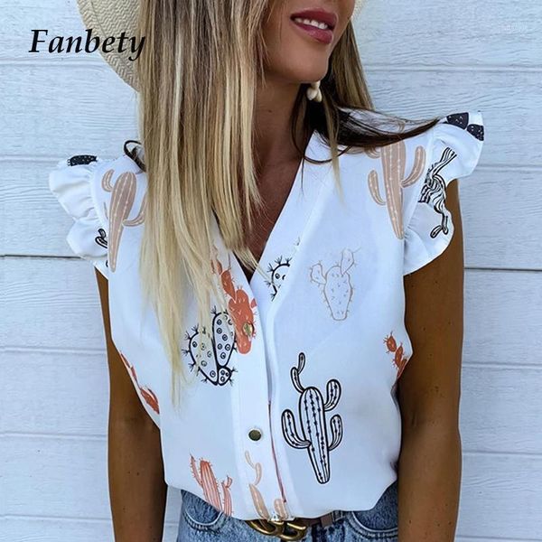 

women elegant v-neck button shirts blouse summer office lady pineapple print ruffle new casual short sleeve streetwear blusa1, White