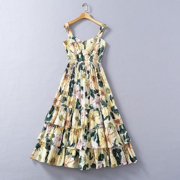 

2021 new spaghetti strap ruffle print panelled milan runway designer dress brand same style dress xiue, Black