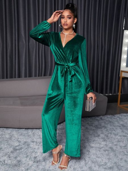 

surplice neck lantern sleeve belted velvet jumpsuit 38vf#, White