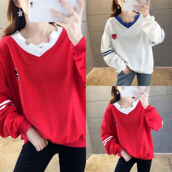 

pce5r women's coat 2019 thin autumn sweatersweater sweater korean style student new v-neck solid color loose large size women's co, Black