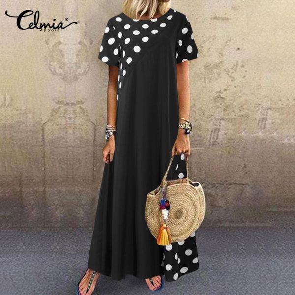 

bohemian women dress celmia short sleeve maxi long sundress polka dot print casual loose vestidos beach party o -neck 5xl robe, Black;gray