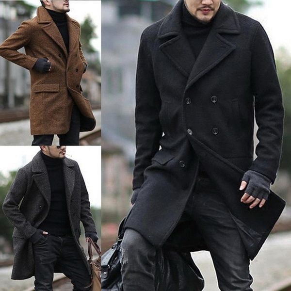 

men winter solid color jacket fashion double breasted casual lapel coat men clothes windbreaker lj201110, Black