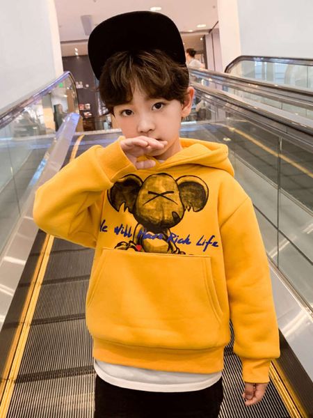 

children's korean 2021 sweater winter new boy's cartoon hooded plush pullover, Black