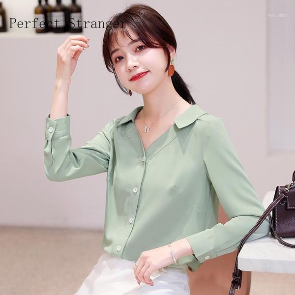 

2020 spring new arrival long sleeve v collar women chiffon blouse1, White