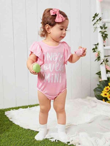 

baby heart & letter graphic ruffle trim bodysuit she, Blue