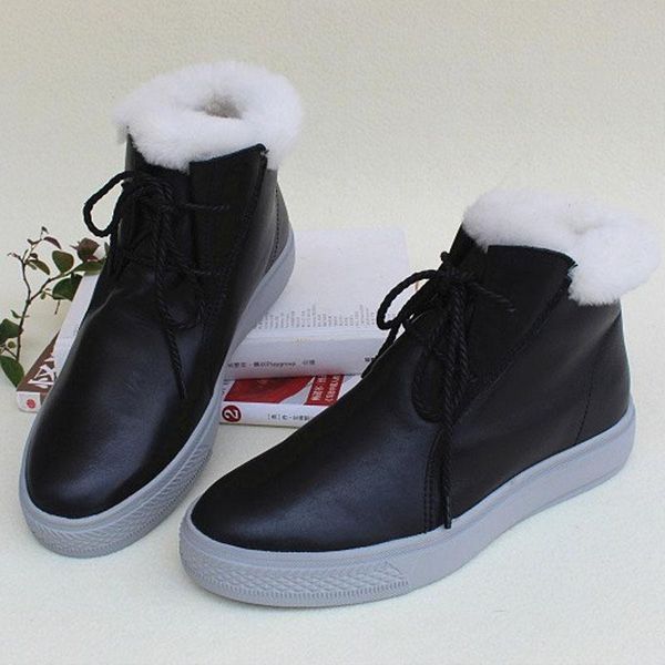 

зимние ботинки женщин платформы шерсть мех boots 100% натуральная кожа зашнуровать черный зимняя обувь женская голеностопного (83079, Black