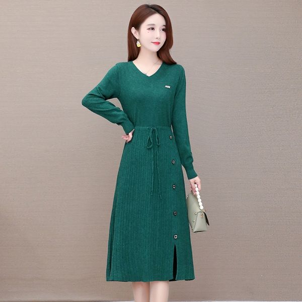 

rrvmd knitted and winter autumn dress women's dress dresswool skirt length thickened v-neck with extra long a-line wool dressknee kyobl, Black;gray