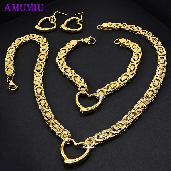 

amumiu men women jewelry set gold color hip hop trendy chunky big byzantine link chain necklace bracelet earrings js002 201222, Slivery;crystal