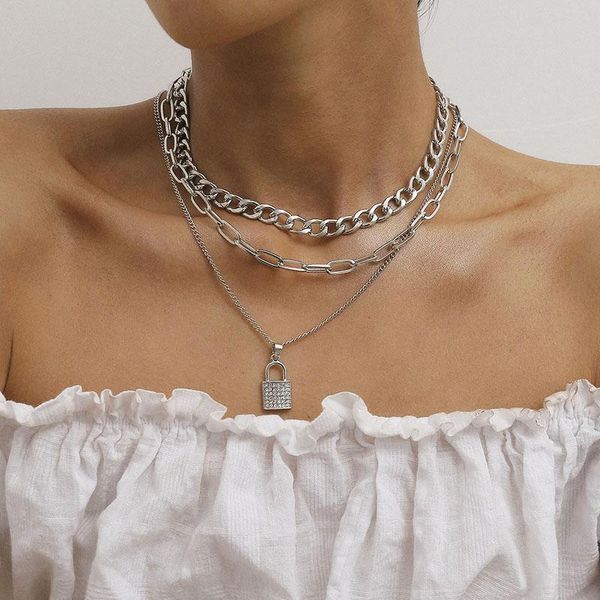 

chains punk multilayer chain necklace for women lock pendant neck lady girl all-match fashion choker accessories jewelry gift, Silver