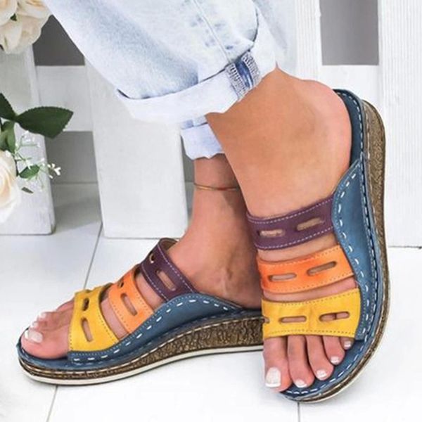 

women sandals shoes fashion three color sandals woman beach wedge ladies slip on thick bottom retro female slippers #ov1s, Black