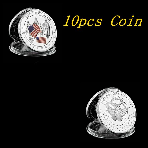 

10pcs 1777 usa betsy ross flag birth of glory historical military craft silver plated commemorative coin collection with capsule display