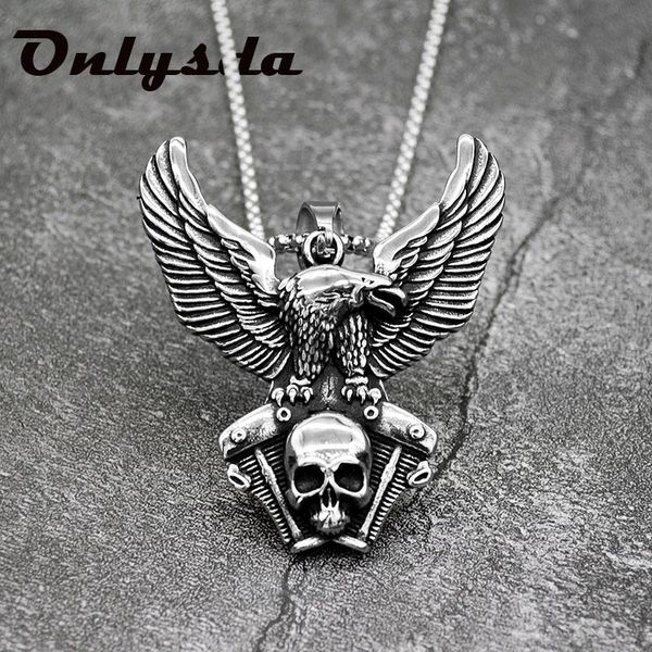 

vintage stainless steel skull eagle pendant necklace fashion animal motorcycle chain men's hollown gift wholesale osdz079 wmtpsk bdesyb, Bronze;silver