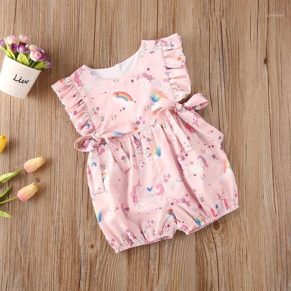 

0-24months new born infant baby girls ruffle sleeve bodysuits rainbow cartoon printed jumpsuits with bow-knot summer1, Blue