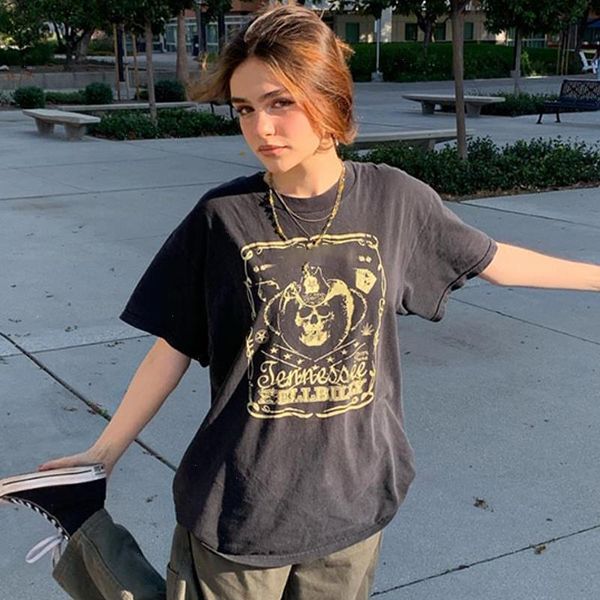 

black oversized t shirt women summer harajuku letter skull print short sleeve graphic tee femme plus size, White