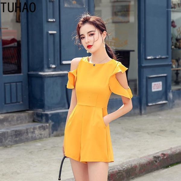 

tuhao 2020 summer office lady yellow color playsuit women elegant office overalls romper casual loose short sleeve jumpsuit wm481, Black;white