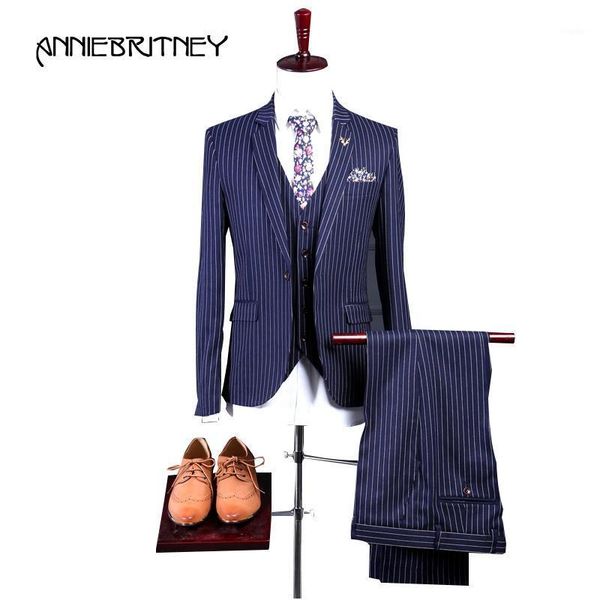 

2020 new brand navy blue stripes men suit groom tuxedo blazer slim fit 3 piece prom wedding style suits ternos jacket+pant+vest1, White;black