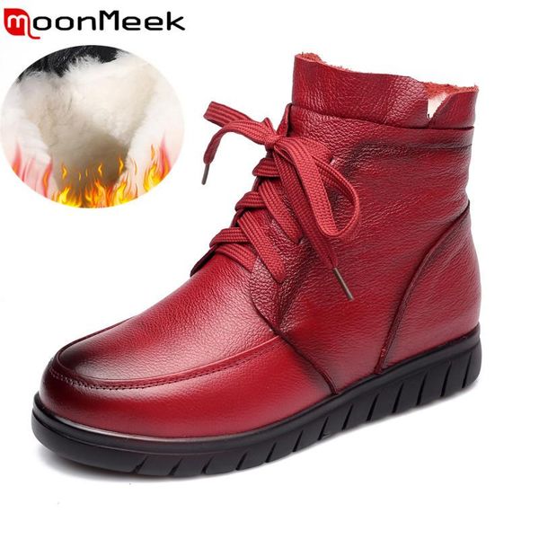 

moonmeek size 35-41 winter genuine leather boots round toe ladies ankle boots lace up keep warm wool snow women 2020 new, Black