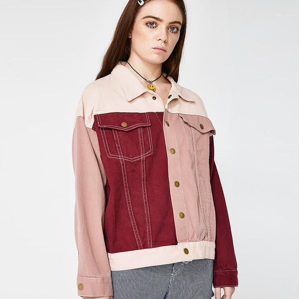 

2020 spring and autumn color contrast loose sweet college style large size women's denim jacket1, Black;brown