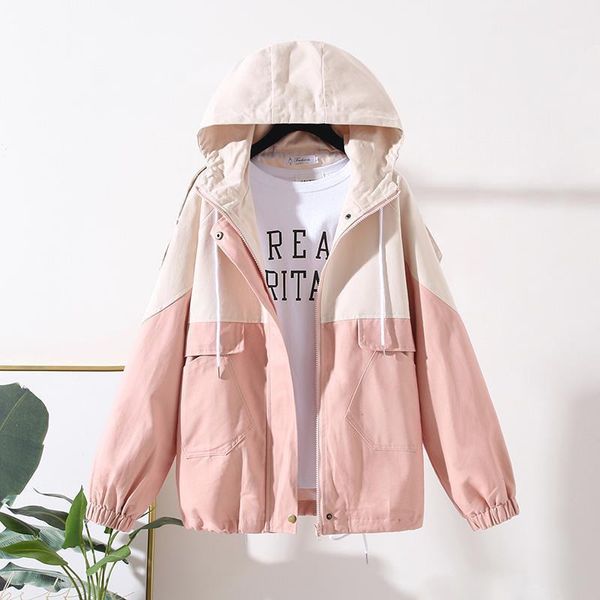 

2020 autumn new windbreaker women jacket hooded zipper coat long sleeve casual harajuku streetwear jackets female outerwear p6901, Black;brown
