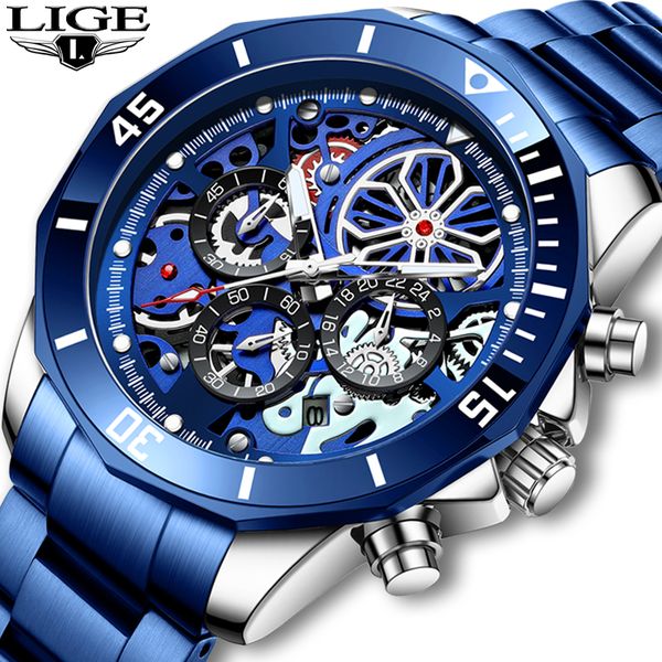

2021 lige fashion design hollow watch for men brand luxury stainless steel quartz clock male sport waterproof wristwatch+box, Silver
