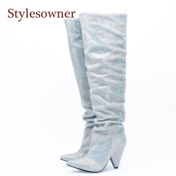 

stylesowner real p spike heel rhinestone boots bling black white slip on wrinkle knee boots pointy toe most fashion bootie