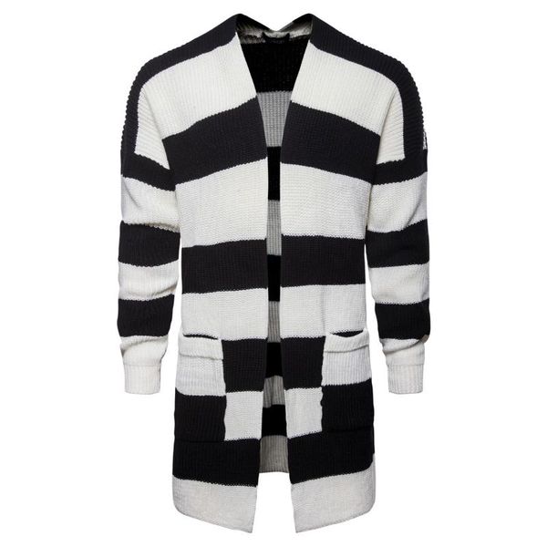 

2020 autumn and winter cadigan men's collaged cardigan jackets men's middle long black and white striped knitted sweater jackets, White;black