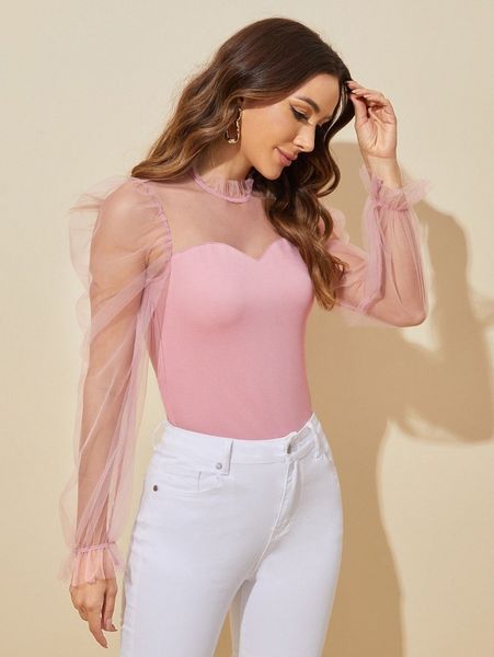 

frill neck sheer mesh puff sleeve p9zg#, White