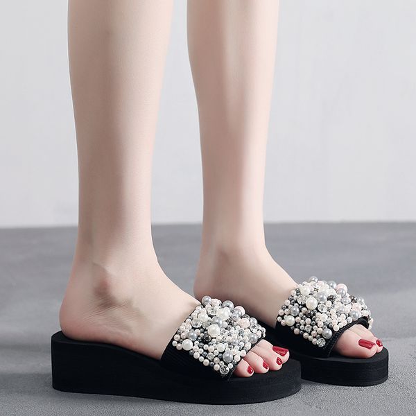 

vertvie pearls slides women sandals high heel slippers platform sandal shoes handmade bohemia crystal female outdoor shoes y200706, Black