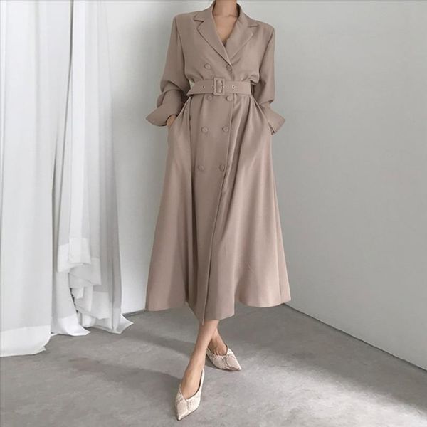

vintage elegant double breasted women trench coat long sleeve belted ladies outerwear loose female windbreaker 2020 new, Tan;black