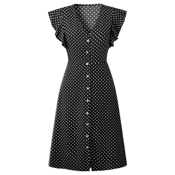 

2021 summer dress new style with low-v spot wave button frilly long sleeves ladies'dresses oym0982 fznj, Black;gray