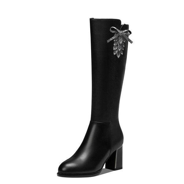 

quality knee high boots women genuine leather crystal shoes woman knee winter high heels boots comfortable warm long, Black